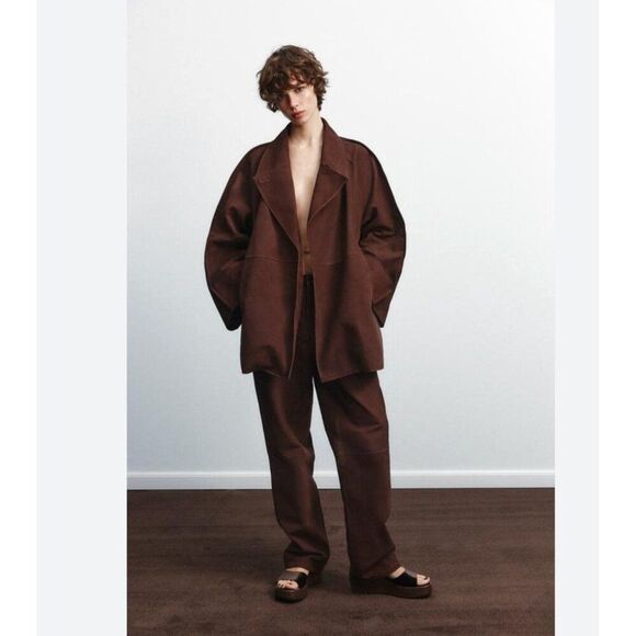 Zara Womens Suede Leather Trench Coat Jacket Brown M Oversized NWT 3461/763 - Picture 3 of 8